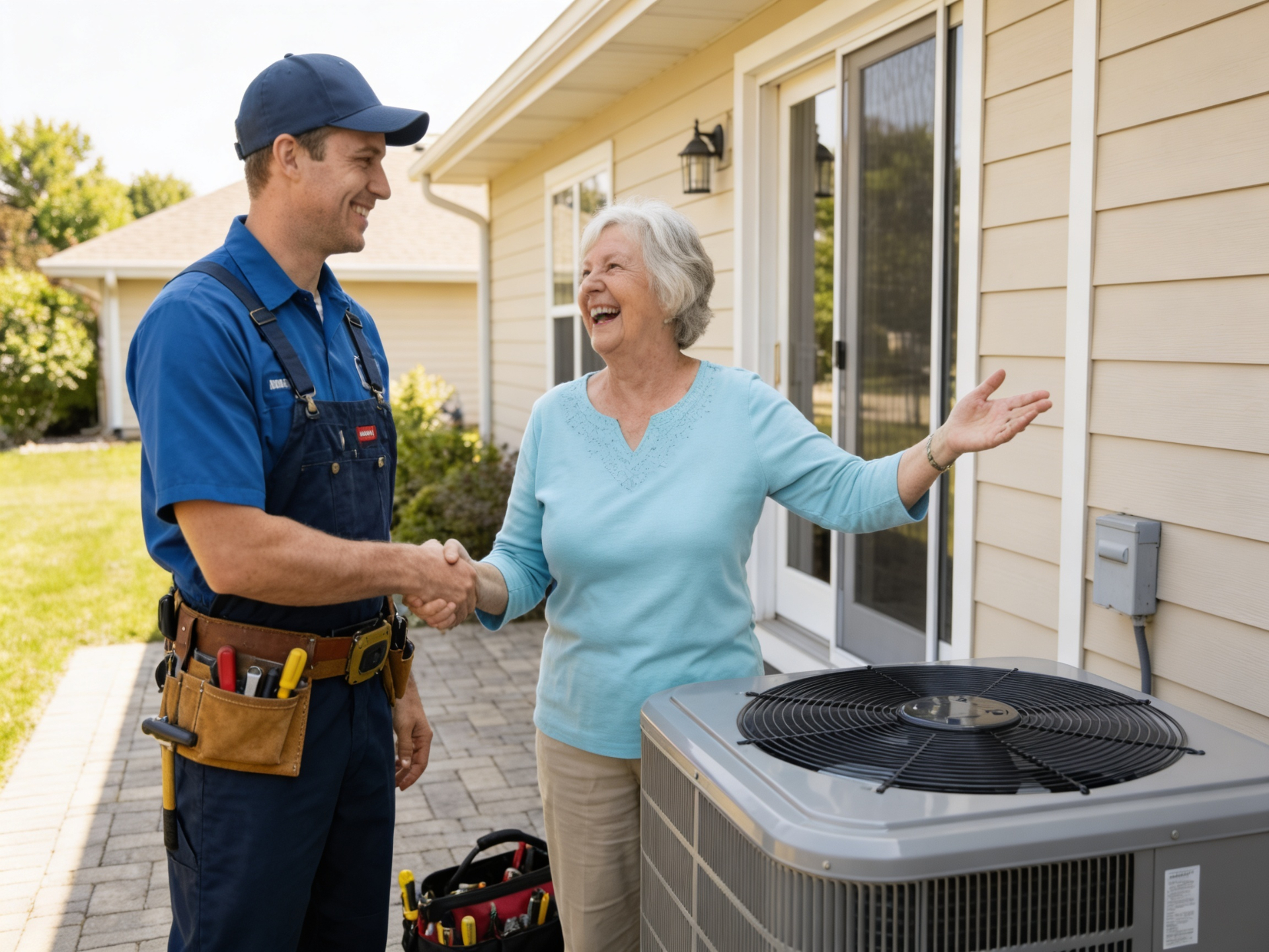 HVAC technician inspecting an outdoor air conditioner unit